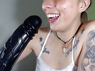Inked amateur teen has fun with huge dildo