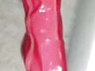 Red pvc thigh boots cumshot