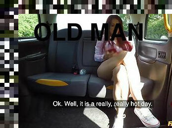 Fiery redhead damsel with big coconuts pleasuring old taxi driver