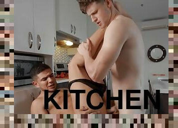 Finn Harding comes to the kitchen and sees Alex flexing his ass while checking the food in the oven - Men