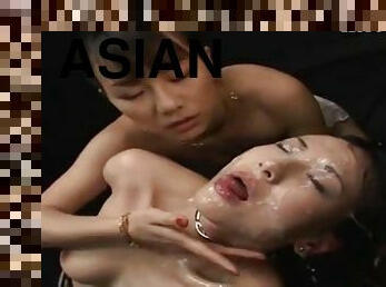 Asian lesbian take a cum shower