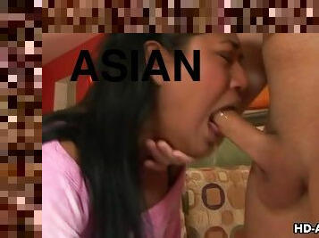 Asian teen gagging on a cock endlessly