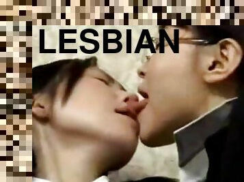 asiático, lesbiana, japonés, besando, salvaje