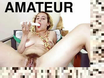 gros-nichons, poilue, amateur, jouet, blonde, solo