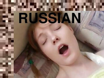 Russian dad fucked redhead daughter by the sofa