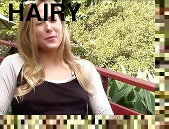 Blonde teen with a hairy pussy fucks outdoors