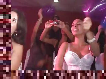 Masked stripper receives blowjobs from naughty bachelorettes