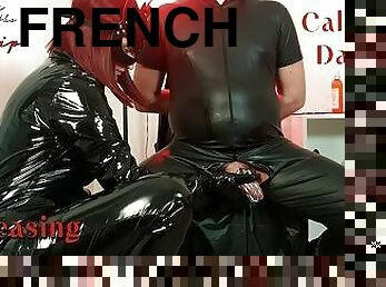 French Goddess does Tease and Denial on her Tied up Permanent Chastity Slave wearing a Latex Catsuit