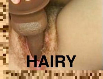 Perfect hairy teen pussy creams all over black dildo