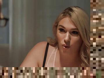 Blonde shemale aspen brooks sucks and fucks chads cock on the table