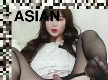asiatique, masturbation, collants, amateur, anal, ejaculation-sur-le-corps, jouet, branlette, ejaculation-interne, ladyboy