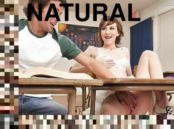 Short-haired teen with natural boobs seduced her biology tutor
