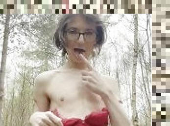 Sexy,innocent, trans girl strips down in a forest