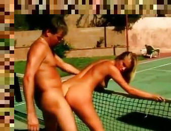 Hot blonde fucked bent over a tennis net