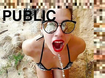 drinking pee on the public beach in front of people, HIGH RISK - PissVids
