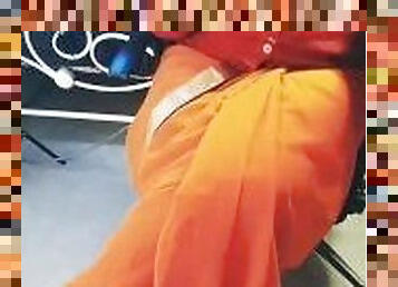 Low Hip Orange Saree Navel Aunty
