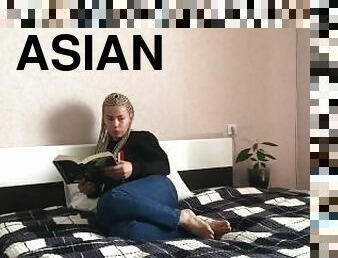 asiatisk, røv, tissende, anal, fødder, synsvinkel, kær, fetish, solo