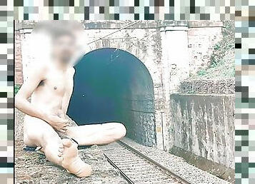 Cumming on a train station cumshot