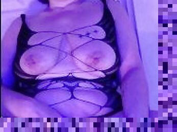 Purpled haired milf cums hard with big tits bouncing