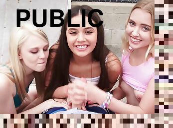 Three Cute Teens Jerk Lucky Guy Off In Public With Lucy Doll And Lily Rader