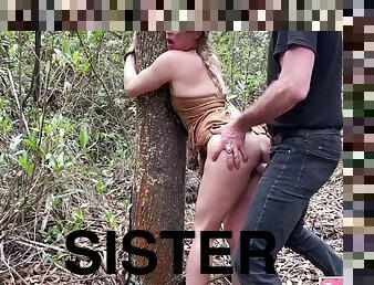 Step sister has her pussy tied up and fucked hard by a stranger in the forest