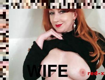 Redhead wife Red XXX masturbates in latex stockings