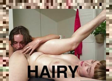 Hairy ladies give each other pleasure during a massage