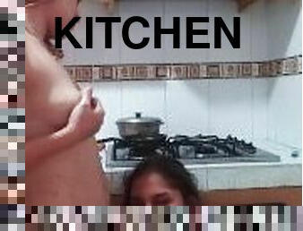 I fuck my girlfriend's pussy with my strap-on and then she sucks my dildo in the kitchen