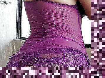Hot Teacher showers in lingerie with glass butt plugs