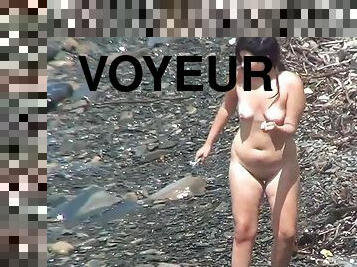 nudiste, en-plein-air, cam, plage, voyeur, naturel, brunette, caché, réalité