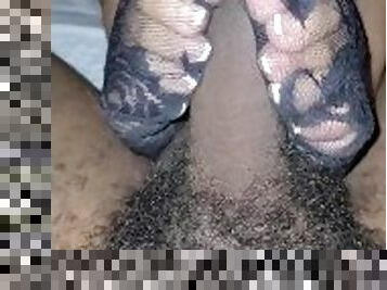 Ebony soles footjob in lace socks