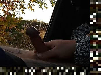 My wife jerks off my cock in the car in nature close up
