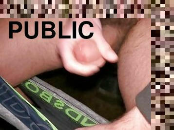Young college jock strokes his big dick and blows while cruising in public toilets