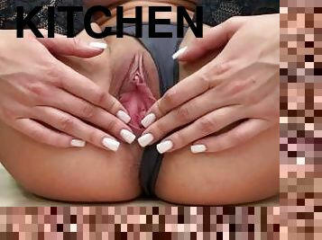 Masturbate closeup pussy for sugar daddy, while my boyfriend on kitchen
