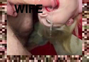 Upside down throating makes my wife cum, then catches mine on her face