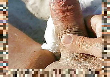 Diaper on public beach and masturbation