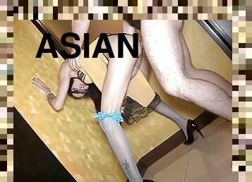 asiatisk, strømpebukser, transvestit, mager, anal, ladyboy, strømper, synsvinkel, hvid, høje-hæle