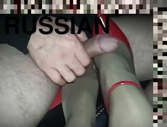 orang-rusia, muncrat, amateur, peju, merangsang-dengan-tangan, kaki, stokings, merangkap, nylon, kaki-legs