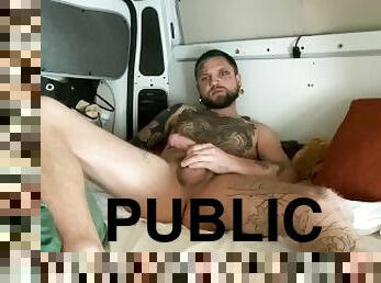 Tattooed guy jerking off in his RV