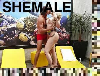 Cute blonde shemale enjoying hard sex session outdoor