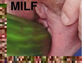 Food Fetish - Horny MILF slides HUGE CUCUMBER into wet Pussy - Sex with fruit