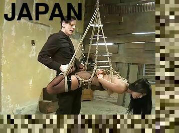 asiatisk, behåret, pikslikkeri, legetøj, japans, bdsm, undertøj, fiskenet, bondage, brunette