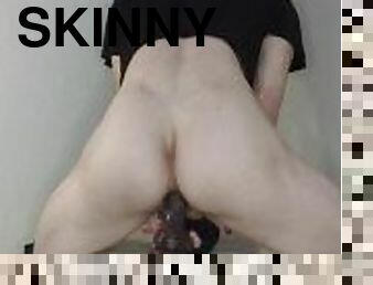 Skinny white femboy cums from BBC dildo