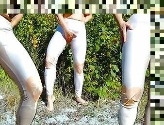 Sexy milf pee in pants outdoors 4K