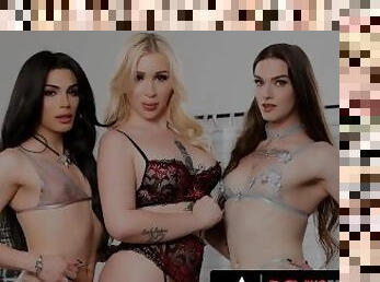 DEVILSTGIRLS Hot Transgender Roommates Sandwich-Fuck Each Other In Lingerie