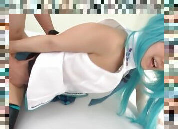 Stunning blue haired Minami Kojima enjoys a hardcore cosplay session