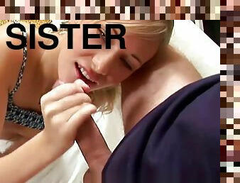 Young tiny blonde stepsister giving hand and head till facial during blowjob