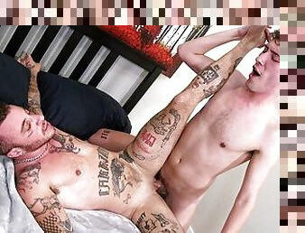 FTM Men - Tatted trans bottom takes aggressive top’s big load