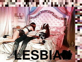 lesbisk, trekant, kyssar, sovrum, maskiner, ängel, latex, bikini, bisexuell, brunett
