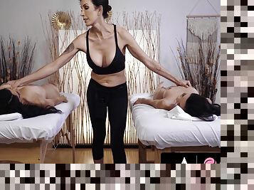 Two Bubbly Girlfriends Do A Steamy Threesome With Older Lesbian Masseuse P1